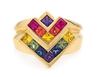A Yellow Gold and Multicolor Sapphire Ring, 6.00 dwts.