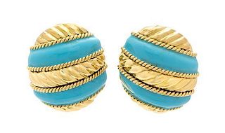 A Pair of 18 Karat Yellow Gold and Enamel Earclips, 9.00 dwts.