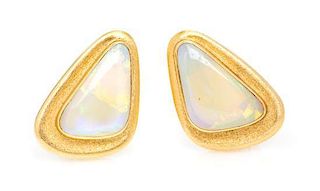 * A Pair of 18 Karat Yellow Gold and Opal Earclips, 12.50 dwts.