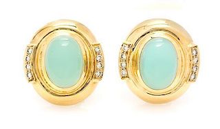 A Pair of 18 Karat Yellow Gold, Blue Chalcedony and Diamond Earclips, 10.60 dwts.