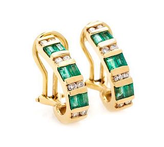 A Pair of 14 Yellow Gold, Emerald and Diamond Earclips, 3.50 dwts.