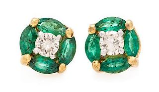 A Pair of 14 Karat Yellow Gold, Emerald and Diamond Stud Earrings, 0.90 dwts.