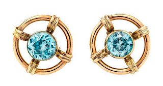 A Pair of Retro Rose Gold and Blue Zircon Earrings, 3.00 dwts.