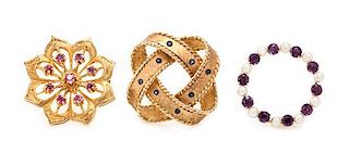 A Collection of Vintage Yellow Gold and Multigem Brooches, 18.90 dwts.
