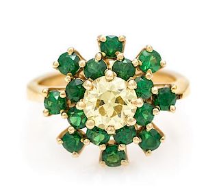 * A Yellow Gold, Colored Diamond and Tsavorite Garnet Ring, 2.70 dwts.