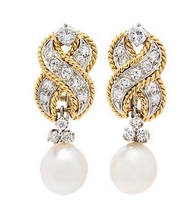 * A Pair of Yellow Gold, Platinum, Diamond and Cultured Pearl Knot Motif Earclips, 6.80 dwts.
