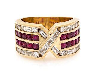 A Yellow Gold, Diamond and Ruby Ring, 9.40 dwts.