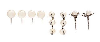 * A Collection of 14 Karat White Gold, Cultured Pearl and Diamond Screw Back Earclips, 14.10 dwts.