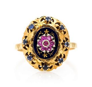 * A Yellow Gold, Sapphire, Ruby and Enamelled Ring, 4.00 dwts.