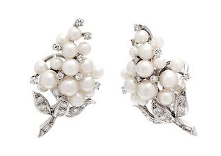 A Pair of White Gold, Cultured Pearl and Diamond Grape Motif Earclips, 10.60 dwts.