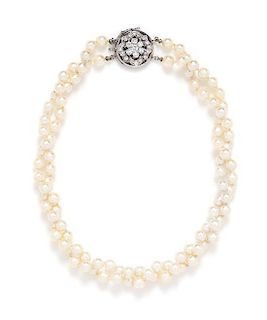 * A Platinum, Diamond and Cultured Pearl Double Strand Necklace,