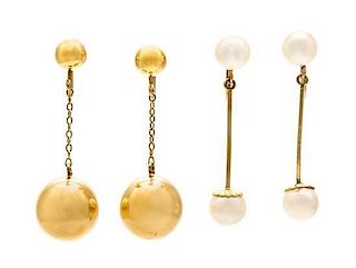 * A Collection of 14 Karat Yellow Gold Dangle Earclips, 6.80 dwts.