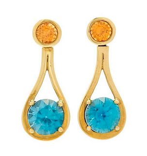 A Pair of 18 Karat Yellow Gold, Blue Zircon and Spessartite Garnet Earrings, 3.80 dwts.