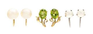 * A Collection of Gold, Cultured Pearl and Peridot Screwback Earclips, 4.90 dwts.