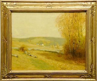 Bruce Crane (1857-1937) Haystacks in the Fall oil on canvas signed lower left: Bruce Crane 16" x 20" (edge wear)  