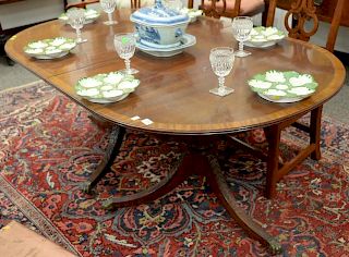 Custom mahogany dining table having banded inlaid top on double pedestal base, with two extension leaves. wd. 44in.; lg. 71in.; two leaves 18in. each,