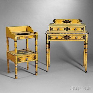 Yellow Paint-decorated and Stenciled Dressing Table and Chamber Stand
