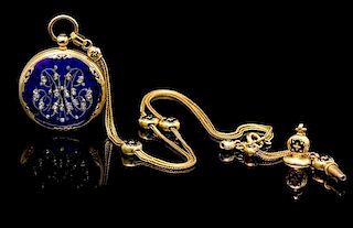 A Yellow Gold, Enamel, Diamond and Seed Pearl Hunter Case Pendant Watch, French,