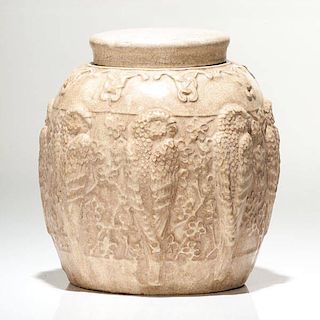 Arts & Crafts Pottery Jar with Hawks 