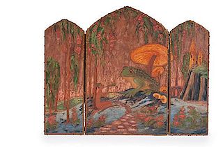 Arts & Crafts Painted Frog Triptych Screen 
