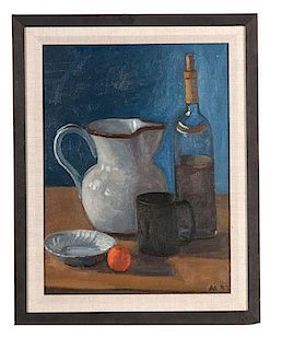 Still Life with Pitcher, Bottle, Mug, Plate, and Fruit by Alfredo Antognini 