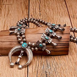 Navajo Silver and Turquoise Squash Blossom Necklace  