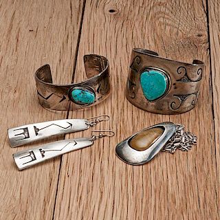 Pat Honanie (Hopi, 20th century) Silver Bracelets, Earrings and Pendant 