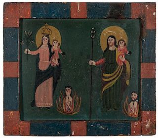 Mexican Retablos on Tin, Adoration of the Redemption and Holy Family with Animas 