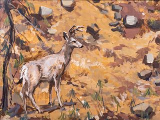 Buck in the Woods, Painting on Paper, Signed