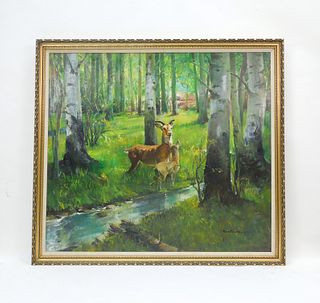 Rico Tomaso Oil on Canvas, Deer and Fawn.