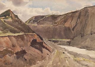 Edward Bernard Lintott (1875-1951) Watercolor Canyon/River Landscape