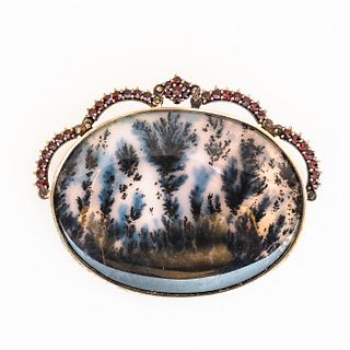 Pictorial Agate and Garnet Pin