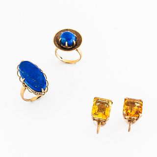 Two 14kt Gold and Lapis Rings and Citrine Earrings