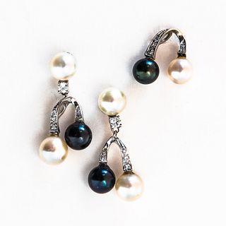 White Gold, Cultured Pearl, and Diamond Earrings and Pendant
