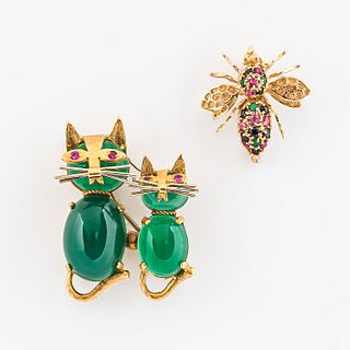Two Gold Gem-set Brooches
