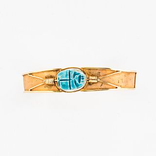 14kt Gold and Faience Scarab Cuff-Bracelet