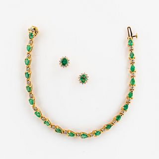 14kt Gold, Emerald, and Diamond, Bracelet and Earstuds