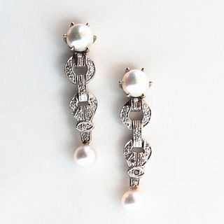 Platinum, Cultured Pearl, and Diamond Earrings