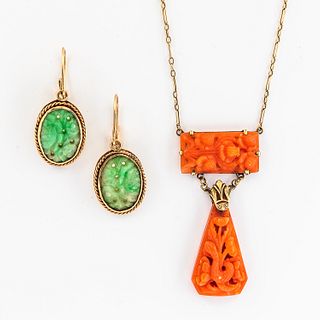 14kt Gold, Coral, and Jade Jewelry