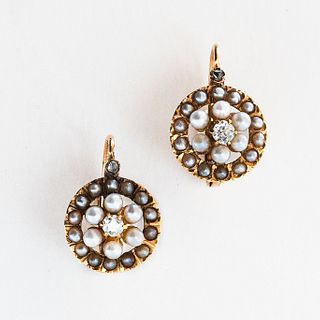 Antique Gold, Seed Pearl, and Diamond Earrings