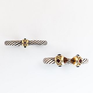 Two David Yurman Sterling Silver, 14kt Gold, and Gem-set "Cable Twist" Cuff Bracelets