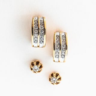 Two Pairs of 14kt Gold and Diamond Earrings