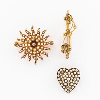 Three Antique Gold and Pearl Pins