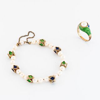 14kt Gold, Cultured Pearl, and Enamel Bracelet and Ring