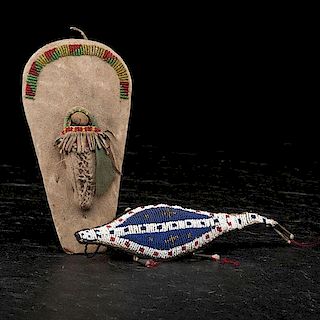 Plateau Model Doll Cradle and Sioux Beaded Hide Umbilical Fetish From a Minnesota Collection  