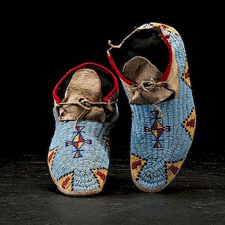 Central Plains Beaded Hide Moccasins with Parfleche Soles from the Hon. Edward N. Stebbins (1835-1903) 
