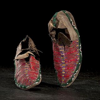 Sioux Beaded and Quilled Hide Moccasins with Painted Parfleche Soles 