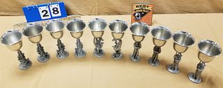 TRAY 9 PEWTER & SILVER PLATE FIGURAL STEINS GOBLETS SGND. MAURUS 6 1/2"
