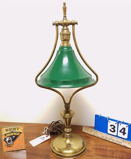 BRASS TABLE LAMP W/GREEN METAL SHADE