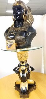 RESIN BUST OF CLEOPATRA 22" ON A RESIN EGYPTIAN FIGURAL BASE GLASS TOP STAND 25"H X21"DIAM